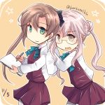  2girls akigumo_(kantai_collection) black_ribbon brown_hair double_bun glasses green_eyes grey_legwear hair_ribbon halterneck hirune_(konekonelkk) kantai_collection long_hair long_sleeves makigumo_(kantai_collection) multiple_girls notebook pantyhose pen pink_hair ponytail ribbon school_uniform shirt sleeves_past_wrists twintails white_shirt 