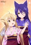  2girls absurdres animal_ears blonde_hair blue_hair blue_kimono blush fang floral_print fox_ears hand_on_another&#039;s_shoulder hand_on_hip highres japanese_clothes kimono konohana_kitan long_hair low_twintails megami multiple_girls official_art one_eye_closed open_mouth pink_kimono print_kimono satsuki_(konohana_kitan) touyama_maki twintails wavy_mouth yellow_eyes yuzu_(konohana_kitan) 