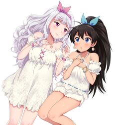  2girls black_hair blue_eyes blue_ribbon blush bracelet breasts cleavage collarbone dress earrings eyebrows_visible_through_hair ganaha_hibiki hair_between_eyes hair_ribbon hairband halterneck high_ponytail hiiringu idolmaster idolmaster_(classic) jewelry long_hair medium_breasts multiple_girls necklace open_mouth purple_hairband purple_ribbon red_eyes ribbon shijou_takane shiny shiny_skin shirt short_dress short_shorts shorts silver_hair simple_background sleeveless sleeveless_shirt smile very_long_hair white_background white_shirt white_shorts wrist_cuffs 