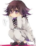  checkered_scarf dangan_ronpa new_dangan_ronpa_v3 ouma_kokichi purple_hair scarf straitjacket suke_(mo8460) translation_request violet_eyes 