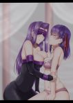  2girls after_kiss arm_grab asymmetrical_docking bare_shoulders bite_mark black_dress blindfold blush bra breast_press breasts cleavage closed_eyes covered_navel detached_sleeves dress facial_mark fate/stay_night fate_(series) forehead_mark hair_ribbon heaven&#039;s_feel highres kitajima_yuuki large_breasts letterboxed long_hair matou_sakura medusa_(fate)_(all) multiple_girls open_mouth panties pink_bra pink_panties purple_hair ribbon rider saliva saliva_trail shiny shiny_hair side_ribbon sidelocks sweat underwear underwear_only yuri 