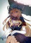  1girl asuzemu bangs blonde_hair breasts choker dress gloves hair_between_eyes hat hat_ribbon highres holding holding_umbrella legs_crossed light lips long_hair looking_at_viewer medium_breasts mob_cap puffy_short_sleeves puffy_sleeves purple_dress ribbon ribbon_choker short_sleeves sidelocks smile solo thighs touhou umbrella very_long_hair white_gloves yakumo_yukari 