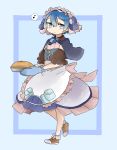  1boy :3 absurdres apron blue_background blue_eyes blue_hair blush bright_pupils brown_footwear bustier capelet closed_mouth commentary dress food hair_between_eyes highres latenight looking_at_viewer made_in_abyss maid maid_apron maid_headdress male_focus maruruk mittens musical_note plate shoes short_hair solo spoken_musical_note standing trap walking whistle 