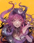  1girl bangs crown detached_collar eyebrows_visible_through_hair hair_ornament heterochromia jewelry locket looking_at_viewer mini_crown mouth_hold oollnoxlloo orange_background parted_lips pearl pendant pink_eyes pink_hair signature solo suction_cups tentacle violet_eyes 