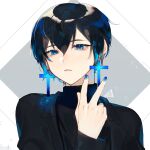  1boy bangs black_hair black_shirt blue_eyes blue_hair blue_nails commentary cross cross_earrings earrings fingernails hair_between_eyes highres jewelry long_sleeves looking_at_viewer male_focus multicolored_hair nail_polish original parted_lips redrawn shiny shiny_hair shirt short_hair solo turtleneck two-tone_hair upper_body v zumi_(neronero126) 