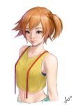  1girl applemoontea bangs bare_arms bare_shoulders closed_mouth commentary crop_top green_eyes highres kasumi_(pokemon) looking_at_viewer midriff navel one_side_up orange_hair pokemon pokemon_(anime) short_hair signature simple_background smile solo tank_top upper_body white_background 