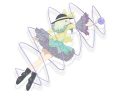  1girl bangs black_footwear black_hat blouse frilled_skirt frills from_behind full_body green_eyes green_hai green_skirt hair_between_eyes hat hat_ribbon ishikkoro kneepits komeiji_koishi legs reaching ribbon shirt simple_background skirt solo thighs third_eye touching touhou white_background wide_sleeves yellow_shirt 