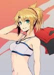  1girl blonde_hair bra breasts collarbone eyebrows_visible_through_hair fate/apocrypha fate_(series) green_eyes grey_bra grin hair_between_eyes hair_ornament hair_scrunchie high_ponytail holding_jacket jacket jacket_removed jewelry long_hair looking_at_viewer medium_breasts midriff navel necklace open_clothes open_jacket saber_of_red sasakure_sasaru scrunchie sidelocks smile solo standing stomach underwear upper_body 