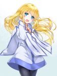  1girl :d black_legwear blonde_hair blue_background blue_eyes cape choker collet_brunel cowboy_shot dress gradient gradient_background hitsuji_kumo long_hair looking_at_viewer open_mouth pantyhose simple_background smile solo tales_of_(series) tales_of_symphonia white_background white_cape white_dress yellow_neckwear 
