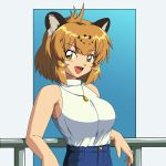  1girl animal_ears blonde_hair blue_background cat_ears iwahana jaguar_(kemono_friends) jaguar_ears jewelry kemono_friends leaning_against_railing necklace open_mouth pants pendant shirt short_hair sleeveless sleeveless_shirt smile solo white_background yellow_eyes 