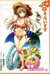  1girl absurdres amagi_brilliant_park ball banana bare_shoulders beachball bikini blush breasts brown_eyes brown_hair cleavage clouds cup day drinking_straw feet floral_print flower food fruit full_body hat hibiscus highres innertube large_breasts looking_at_viewer nakajima_yuka navel official_art one_leg_raised orange palm_tree parted_lips pineapple sandals scan sento_isuzu side-tie_bikini sky solo sun_hat swimsuit toes tree 