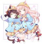  2girls animal_ears azur_lane bell brown_hair candy cat_ears cat_tail closed_mouth food green_eyes hand_holding hat highres interlocked_fingers kisaragi_(azur_lane) long_hair looking_at_viewer multiple_girls mutsuki_(azur_lane) pink_eyes pink_hair red_ribbon ribbon shiosoda short_hair skirt smile socks tail tail_bell tail_ribbon thigh-highs white_legwear yellow_hat yellow_skirt zettai_ryouiki 