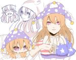  1girl american_flag_dress blonde_hair breasts chibi clownpiece commentary_request hair_between_eyes hat itamemono jester_cap long_hair looking_at_viewer neck_ruff pink_eyes polka_dot purple_hat simple_background sketch star star_print striped touhou upper_body white_background 