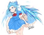  1girl artist_name bare_arms bare_legs blue_bow blue_eyes blue_hair blue_skirt blue_wings bow cirno closed_mouth colored_eyelashes dated floating_hair forehead frilled_skirt frilled_sleeves frills gotoh510 hair_bow highres ice ice_wings red_bow red_neckwear signature simple_background skirt skirt_set solo touhou white_background wind wings 