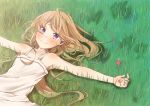  1girl bare_shoulders blonde_hair blush eyebrows_visible_through_hair five-leaf_clover grass highres honryou_wa_naru long_hair looking_at_viewer lying on_back on_ground original outstretched_arms smile spread_arms very_long_hair violet_eyes 