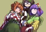    3girls bangs bell blunt_bangs blush brown_hair checkered_scarf checkered_shirt enajii flower futatsuiwa_mamizou futatsuiwa_mamizou_(human) green_kimono hair_bell hair_flower hair_ornament hand_on_own_stomach height_difference hieda_no_akyuu japanese_clothes jingle_bell kimono layered_clothing leaf_hair_ornament looking_at_viewer motoori_kosuzu multiple_girls orange_eyes orange_hair perspective pregnant purple_hair saliva saliva_trail scarf shaded_face shiny shiny_hair shirt simple_background smile sweat touching touhou two_side_up violet_eyes white_shirt yellow_kimono 