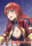  1girl :d blue_eyes blush braid breasts cleavage copyright_name earrings jewelry kuboken large_breasts open_mouth re:creators selesia_upitiria smile solo twin_braids 