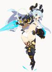  1girl ass bangs black_footwear blue_eyes blue_hair boots bra breasts commentary_request energy_sword fang from_behind full_body gauntlets hairband hajime_(hajime-ill-1st) highres holding holding_sword holding_weapon horns long_hair looking_at_viewer looking_back mecha_musume medium_breasts open_mouth original panties print_panties shield sideboob simple_background smile solo sword thigh-highs underwear weapon white_background white_bra white_panties 