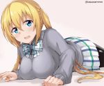  1girl :d bangs beige_background black_legwear black_shirt blend_s blonde_hair blue_eyes bow bowtie breasts collared_shirt commentary_request eyebrows_visible_through_hair grey_sweater hair_between_eyes head_tilt hinata_kaho large_breasts long_hair long_sleeves looking_at_viewer lying on_stomach open_mouth pantyhose plaid plaid_neckwear plaid_skirt pleated_skirt shirt simple_background skirt smile solo sweater tasora twintails twitter_username very_long_hair white_neckwear white_skirt 