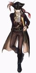  1boy belt black_footwear black_hat brown_pants cravat ehofo full_body hand_up hat hat_feather highres jewelry knife looking_at_viewer male_focus open_mouth pants ring standing tales_weaver 