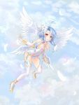  1girl :o bare_shoulders blue_hair clouds cloudy_sky elbow_gloves feathered_wings flower four_goddesses_online:_cyber_dimension_neptune full_body gloves hair_flower hair_ornament halo highres jewelry kazuneko_(wktk1024) looking_at_viewer neptune_(series) power_symbol red_eyes short_hair_with_long_locks sky solo symbol-shaped_pupils white_gloves white_heart white_legwear wings 