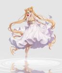  1girl absurdly_long_hair bangs bare_shoulders bishoujo_senshi_sailor_moon blonde_hair blue_eyes character_name closed_mouth detached_sleeves double_bun dress facial_mark floating flower forehead_mark full_body grey_background hair_ornament hairclip high_heels holding holding_dress long_dress long_hair looking_at_viewer parted_bangs princess_serenity red_rose reflection rose simple_background solo tsukino_usagi tsuna2727 twintails very_long_hair water white_dress white_footwear 