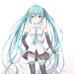  1girl absurdly_long_hair ahoge akira_(been0328) black_legwear black_skirt blue_eyes blue_hair blue_neckwear breasts detached_sleeves eyebrows_visible_through_hair floating_hair hair_between_eyes hair_ornament hand_on_hip hatsune_miku long_hair looking_at_viewer miniskirt necktie number pleated_skirt shiny shiny_clothes shiny_skin shirt skirt sleeveless sleeveless_shirt small_breasts smile solo standing tattoo thigh-highs twintails very_long_hair vocaloid white_shirt zettai_ryouiki 