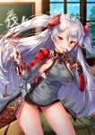  1girl :d azur_lane black_gloves blurry bottle breasts cola depth_of_field gloves headgear heart_straw holding iron_cross leaning_forward long_hair looking_at_viewer open_mouth orange_eyes pensuke prinz_eugen_(azur_lane) sideboob silver_hair smile solo tatami two_side_up window 