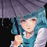  1girl bangs black_background blue_eyes blue_hair blue_vest commentary_request eyebrows eyelashes heterochromia holding holding_umbrella lips looking_at_viewer nose parted_lips purple_umbrella red_eyes short_hair simple_background solo tatara_kogasa tmkymg touhou umbrella upper_body vest water_drop 