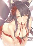  1girl akagi_(azur_lane) all_fours animal_ears azur_lane bare_shoulders black_hair breasts cleavage flower fox_ears fox_tail hair_flower hair_ornament highres large_breasts long_hair mouth_hold nukkoru red_eyes ribbon_in_mouth swimsuit tail 