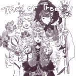  1boy 2girls alfonse_(fire_emblem) animal_ears bell bow broom cat_ears cat_paws cat_tail chains closed_eyes cosplay crown cuffs fire_emblem fire_emblem_heroes frankenstein&#039;s_monster frankenstein&#039;s_monster_(cosplay) greyscale halloween halloween_costume handcuffs hat insarability long_hair monochrome multiple_girls open_mouth paws sharena short_hair simple_background skirt smile tail tail_bell tail_bow trick_or_treat veronica_(fire_emblem) white_background 