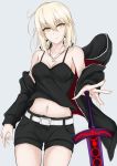  1girl artoria_pendragon_(all) bare_shoulders belt black_shorts blonde_hair breasts character_request cleavage commentary_request fate_(series) hood hooded_jacket jacket looking_at_viewer midriff off_shoulder piro_(iiiiiiiiii) saber_alter short_shorts shorts solo spaghetti_strap sword weapon white_belt yellow_eyes 