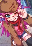  1girl adjusting_eyewear bent_over beret bespectacled black_legwear blue_eyes blush commentary_request fang fate/grand_order fate_(series) fingernails glasses hair_ribbon hand_on_own_knee hat horns ikue_fuuji jacket lancer_(fate/extra_ccc) long_fingernails long_hair looking_at_viewer one_eye_closed open_mouth pink_hair pink_shirt pointy_ears ribbon scarf shiny shiny_hair shirt shorts solo thigh-highs 