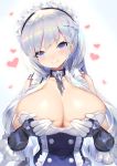  1girl azur_lane belfast_(azur_lane) blue_eyes blurry blush braid breasts chains cleavage closed_mouth collar depth_of_field french_braid frill_trim gloves hair_over_shoulder head_tilt heart highres huge_breasts long_hair looking_at_viewer maid_headdress mamuru side_braid silver_hair simple_background single_braid single_sidelock smile solo underbust vambraces white_gloves 