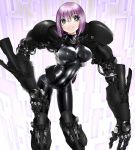  1girl blue_eyes bodysuit breasts commentary_request cyberpunk hand_on_hip large_breasts long_arms mechanical_arm mechanical_legs metal_akira original pistons purple_hair short_hair smile 