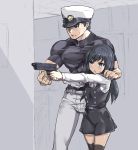  1boy 1girl :o admiral_(kantai_collection) aiming asashio_(kantai_collection) belt black_dress black_hair black_legwear black_shirt blue_eyes blush cowboy_shot depo_(typebaby505) double-breasted dress facial_scar gun hand_on_another&#039;s_shoulder handgun hat height_difference highres holding holding_gun holding_weapon kantai_collection long_hair long_sleeves muscle open_mouth outstretched_arm pants peaked_cap pinafore_dress pistol remodel_(kantai_collection) scar shirt short_sleeves standing sweat thigh-highs weapon white_hat white_pants white_shirt zettai_ryouiki 