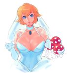  1girl absurdres blonde_hair blue_eyes breasts bridal_veil cleavage dress gloves highres jewelry large_breasts long_hair looking_at_viewer super_mario_bros. princess_peach solo super_mario_bros. super_mario_odyssey veil wedding_dress white_gloves 