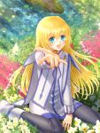  1girl black_legwear blonde_hair blue_eyes cape choker collet_brunel dress flower full_body hanasaki_komugi highres long_hair looking_at_viewer outstretched_hand pantyhose shoes sitting smile solo tales_of_(series) tales_of_symphonia wariza white_cape white_dress white_footwear yellow_neckwear 