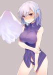  1girl asuzemu blush breasts closed_mouth embarrassed grey_background highres kishin_sagume medium_breasts red_eyes short_hair silver_hair simple_background single_wing sleeveless solo standing touhou wings 