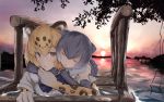  2girls blonde_hair blue_neckwear bow bowtie brown_eyes closed_eyes commentary elbow_gloves eyebrows_visible_through_hair fingerless_gloves fur_collar gloves grey_gloves grey_hair hair_between_eyes hug jaguar_(kemono_friends) jaguar_ears jaguar_print kemono_friends multiple_girls otter_ears outdoors parted_lips partially_submerged pio_(hei-yo) print_gloves raft river short_hair sleeping small-clawed_otter_(kemono_friends) sunset swimming water yuri 