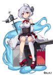  1girl ahoge azur_lane bolt commentary_request detached_sleeves looking_at_viewer machinery mary_janes parted_lips red_eyes shoes short_hair silver_hair sitting sleeves_past_wrists solo terror_(azur_lane) turret wide_sleeves yu_ni_t 
