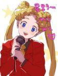  1girl :d bangs bishoujo_senshi_sailor_moon blue_eyes cosplay crescent crescent_earrings double_bun earrings head_tilt holding holding_microphone jewelry mayo_(becky2006) microphone music necktie open_mouth parted_bangs red_blazer seiya_kou seiya_kou_(cosplay) simple_background singing smile solo star teeth tsukino_usagi twintails 