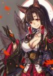  1girl akagi_(azur_lane) animal_ears azur_lane black_hair breasts cleavage commentary_request fox_ears fox_tail hair_tubes highres japanese_clothes kusano_shinta long_hair looking_at_viewer multiple_tails red_eyes smile solo tail 