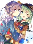  2girls bangs black_hat blouse blue_rose blue_skirt blurry blush breasts depth_of_field expressionless flower frilled_shirt_collar frilled_sleeves frills green_eyes green_hair green_skirt hair_between_eyes hand_holding hat komeiji_koishi komeiji_satori long_hair long_sleeves multiple_girls one_eye_closed petals pink_hair pink_skirt purple_hair red_rose ribbon-trimmed_collar ribbon_trim rose rose_petals shiny shiny_hair shirt short_hair siblings simple_background sisters skirt small_breasts smile texture third_eye to-den_(v-rinmiku) touhou violet_eyes white_background yellow_shirt 