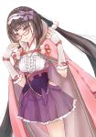  1girl blush brown_hair cape cowboy_shot detached_sleeves dutch_angle embarrassed fate/grand_order fate_(series) frown glasses high-waist_skirt highres lca906 long_hair looking_at_viewer low_twintails osakabe-hime_(fate/grand_order) pink_eyes pleated_skirt pom_pom_(clothes) purple_skirt red-framed_eyewear simple_background skirt solo standing twintails very_long_hair walking white_background 