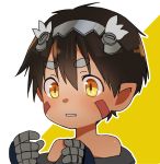  1boy brown_hair eyebrows_visible_through_hair facial_mark hair_between_eyes highres made_in_abyss male_focus mechanical_arms parted_lips pointy_ears regu_(made_in_abyss) slit_pupils solo thick_eyebrows two-tone_background usuki_(usukine1go) yellow_eyes 