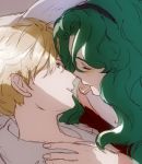  2girls androgynous aqua_hair bangs bishoujo_senshi_sailor_moon blonde_hair close-up closed_eyes couple face hairband hand_on_another&#039;s_chest kaiou_michiru long_hair lying mayo_(becky2006) mouth_hold multiple_girls parted_bangs parted_lips profile short_hair ten&#039;ou_haruka very_short_hair yuri 