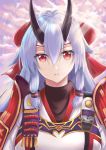  1girl armor fate/grand_order fate_(series) hair_between_eyes hair_ribbon headband highres japanese_armor japanese_clothes kurokku long_hair looking_at_viewer oni_horns parted_lips red_eyes ribbon silver_hair solo tomoe_gozen_(fate/grand_order) upper_body 