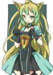  1girl ahoge animal_ears archer_of_red blonde_hair blush braid cat_ears cat_tail dress fate/apocrypha fate/grand_order fate_(series) french_braid garter_straps gloves green_eyes green_hair highres hiten_(g3223509) long_hair looking_at_viewer miniskirt multicolored_hair paw_pose skirt solo tail thigh-highs two-tone_hair 