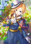  1girl :d ascot asymmetrical_hair azur_lane blonde_hair blue_eyes blurry capelet commentary_request depth_of_field earrings flower from_below gloves hood_(azur_lane) jewelry long_hair looking_at_viewer looking_up open_mouth pensuke rose smile solo union_jack white_gloves white_rose 